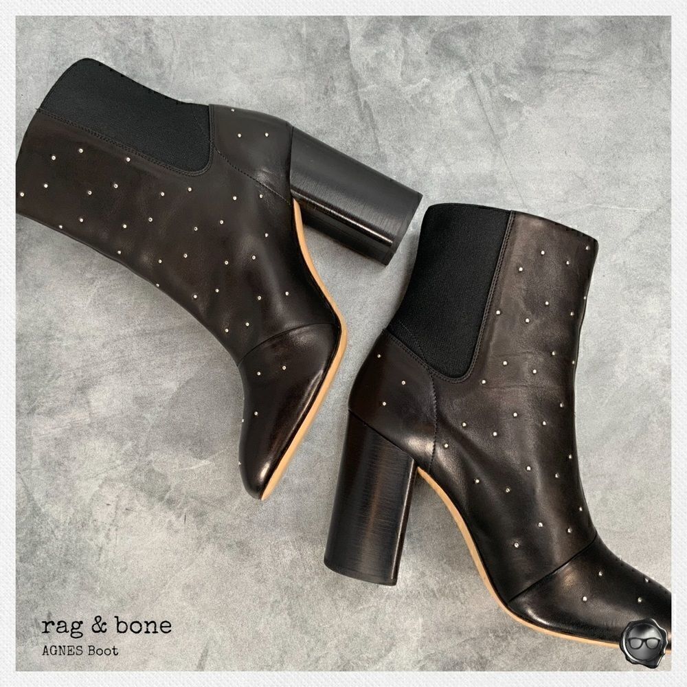 RAG & BONE AGNES STUDDED BLACK LEATHER BOOTS WOMEN’S HIGH HEEL CHELSEA BOOTIES - Picture 9 of 15